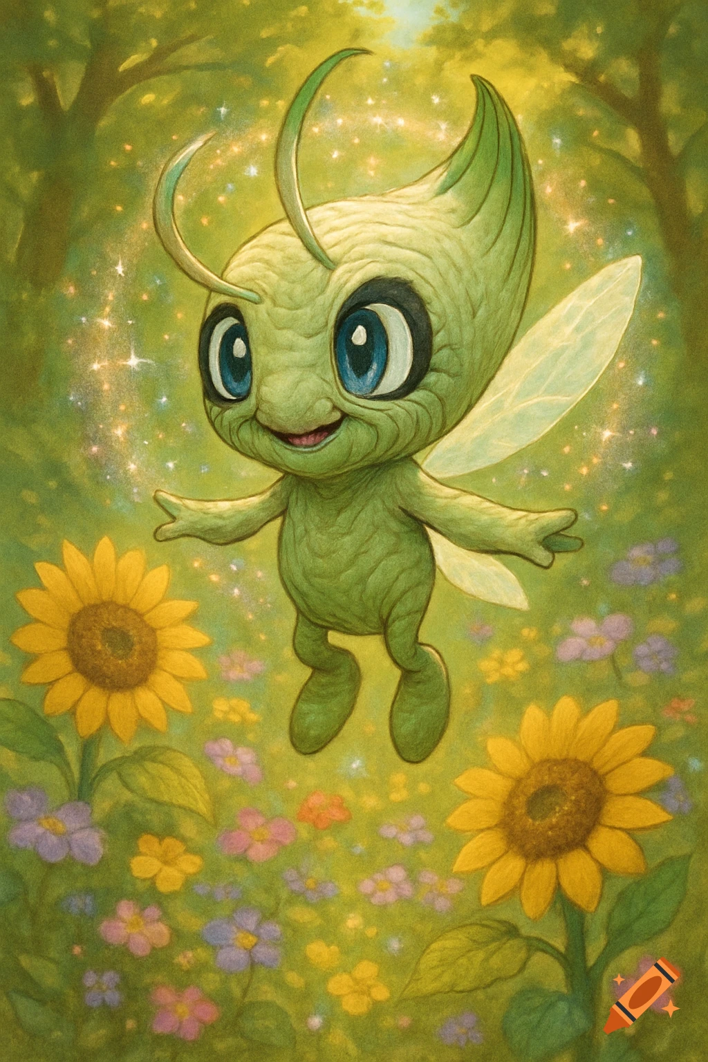 A smiling, wrinkly green Celebi from Pokemon floats amidst sunflowers and colorful flowers in a sparkling forest, illustrated.