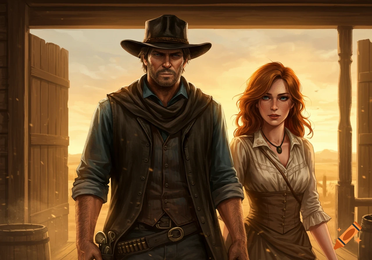 A cowboy and a red-haired woman in Western clothing stand in a wooden doorway at sunset.