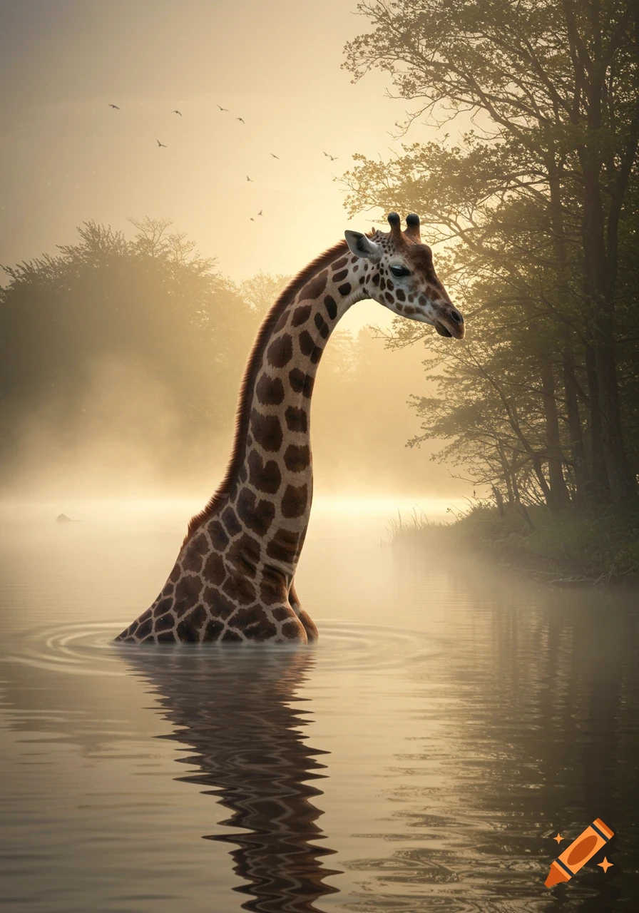 A giraffe stands in a misty lake at sunrise, surrounded by trees and reflections, with birds flying.