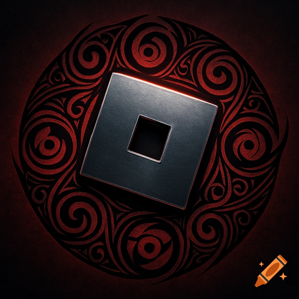Metallic Roblox logo with red Uchiha clan tribal swirl pattern on a dark background.