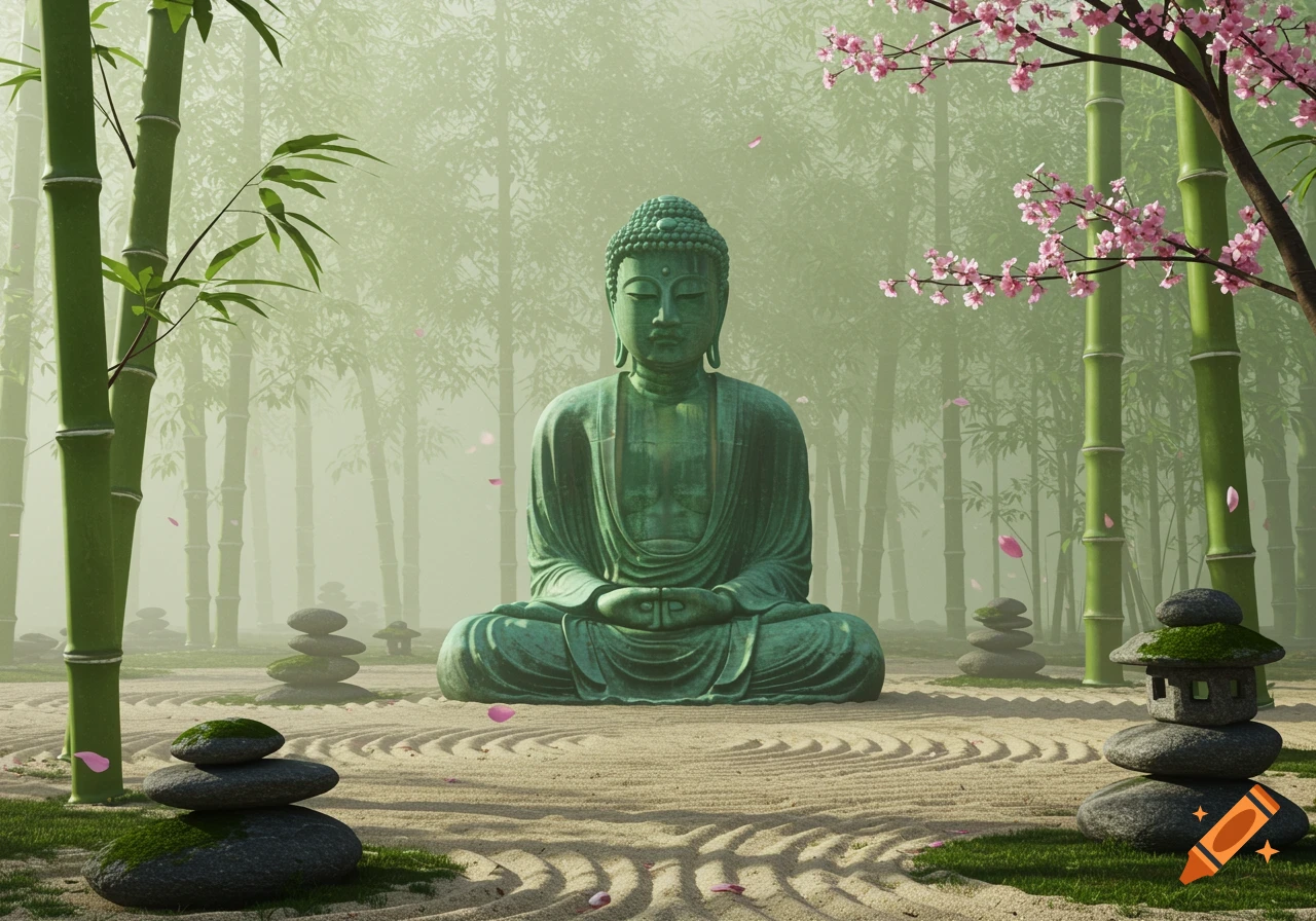 Green Buddha statue meditating in a serene bamboo forest with a zen garden and cherry blossoms.