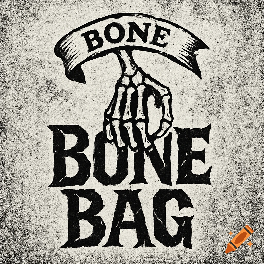 A black and white distressed band logo with a skeleton hand holding a banner that reads 'BONE', above the text 'BONE BAG'.