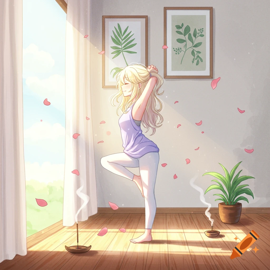 Anime blonde woman doing a yoga tree pose in a sunlit room with scattered rose petals and incense.