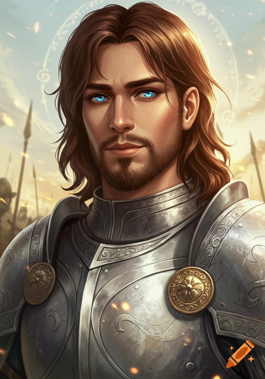 A stylized portrait of a handsome young human paladin with long brown hair, bright blue eyes, and a short beard, wearing ornate silver armor.