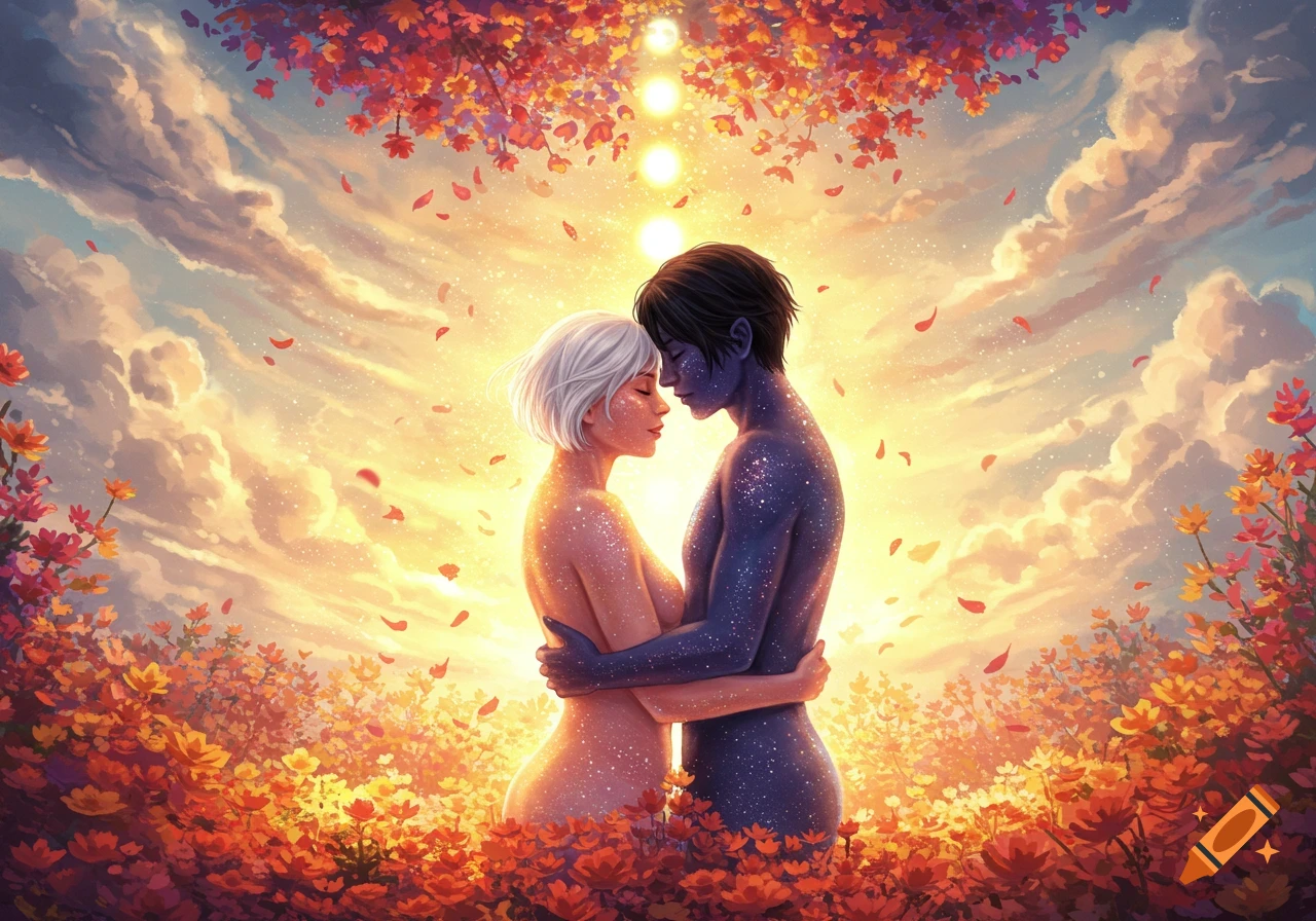 Ethereal figures with glowing skin embrace in a vibrant field of flowers and falling leaves under a luminous sky.