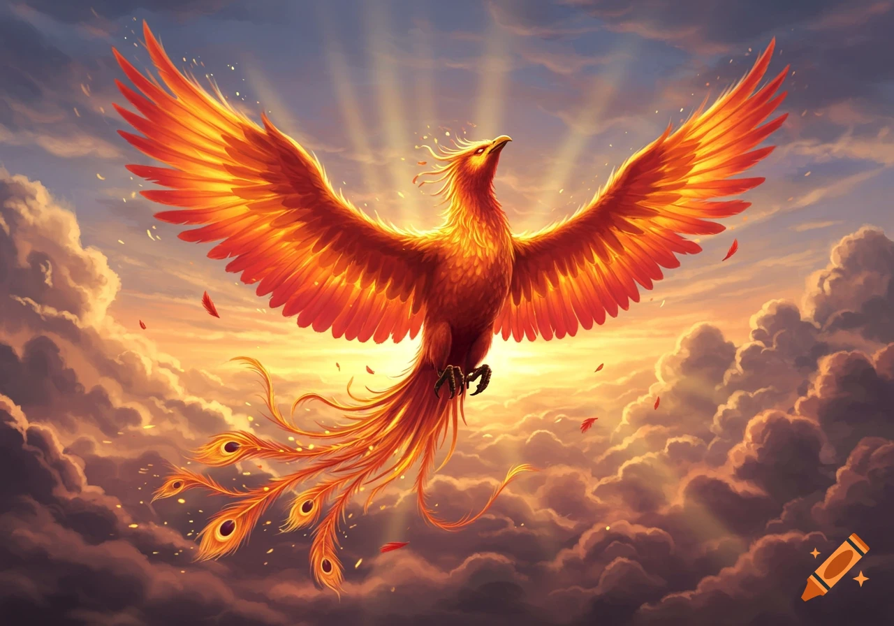 A majestic phoenix with brilliant orange and red wings soars through a cloudy sky with sun rays.