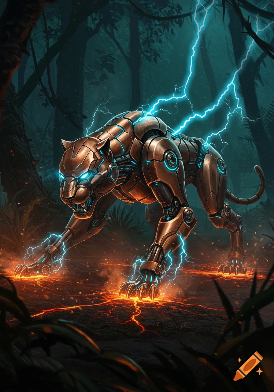 A bronze robotic panther with glowing blue eyes and crackling blue lightning prowls on a jungle floor with lava cracks.