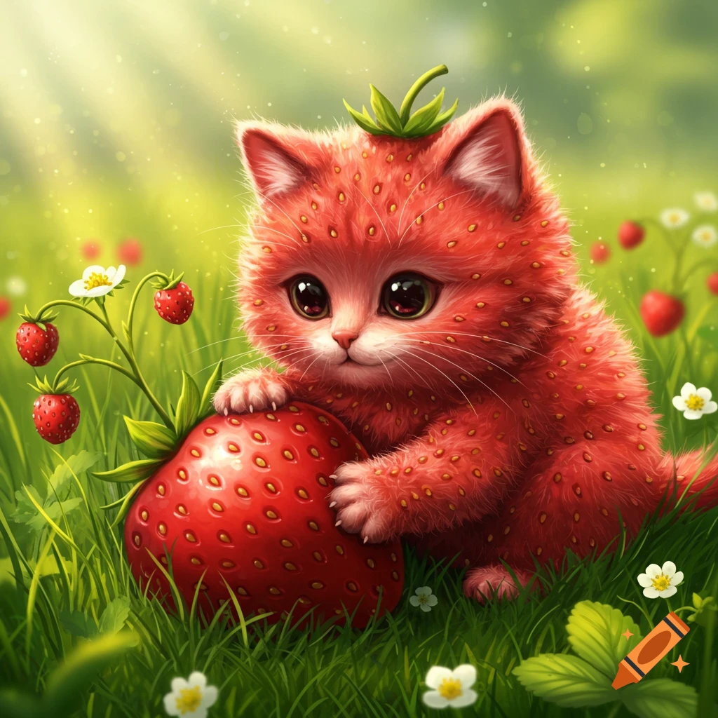 A cute, fluffy red kitten with a strawberry pattern and green leaves on its head, holding a large strawberry in a sunny green field with flowers.