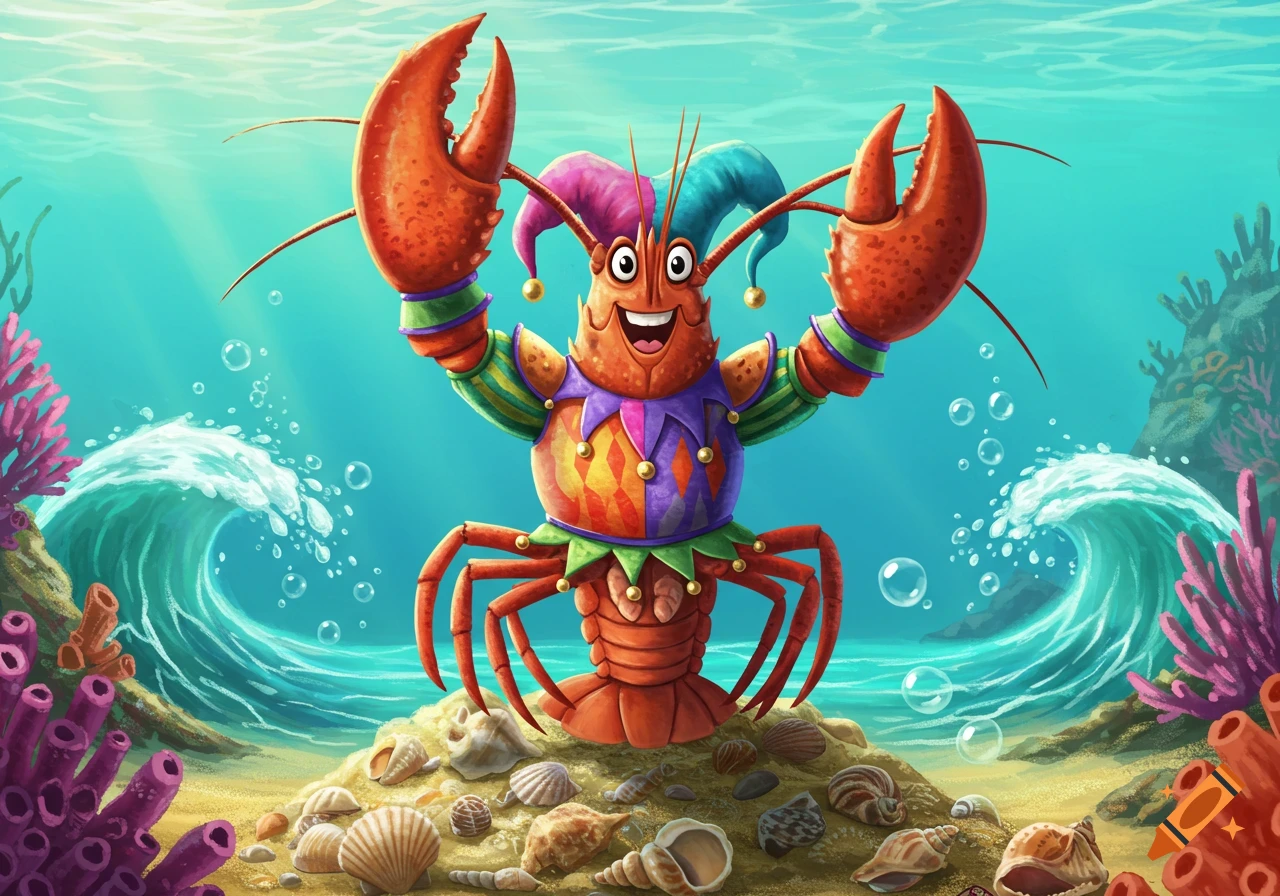 A cheerful cartoon lobster in a colorful jester costume stands on a seabed with shells and coral, with waves and bubbles in the blue water.