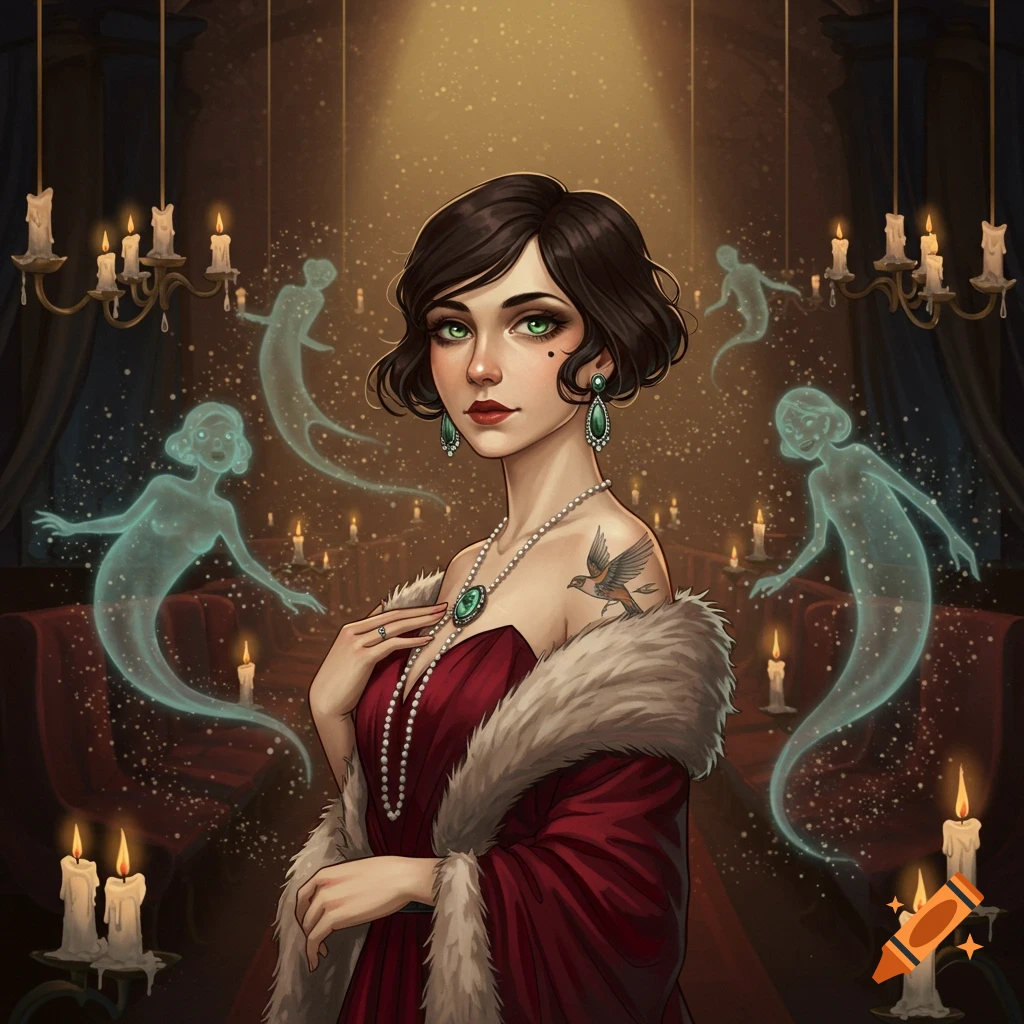 Art Nouveau illustration of a 1920s flapper in a red dress with fur trim, pearls, and emerald earrings, surrounded by floating candles and glowing ghosts.