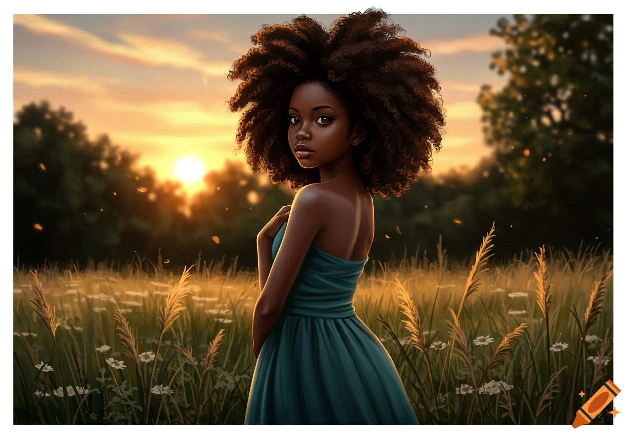 A digital art portrait of a young Black girl with large curly hair in a teal dress standing in a sunlit field at sunset.