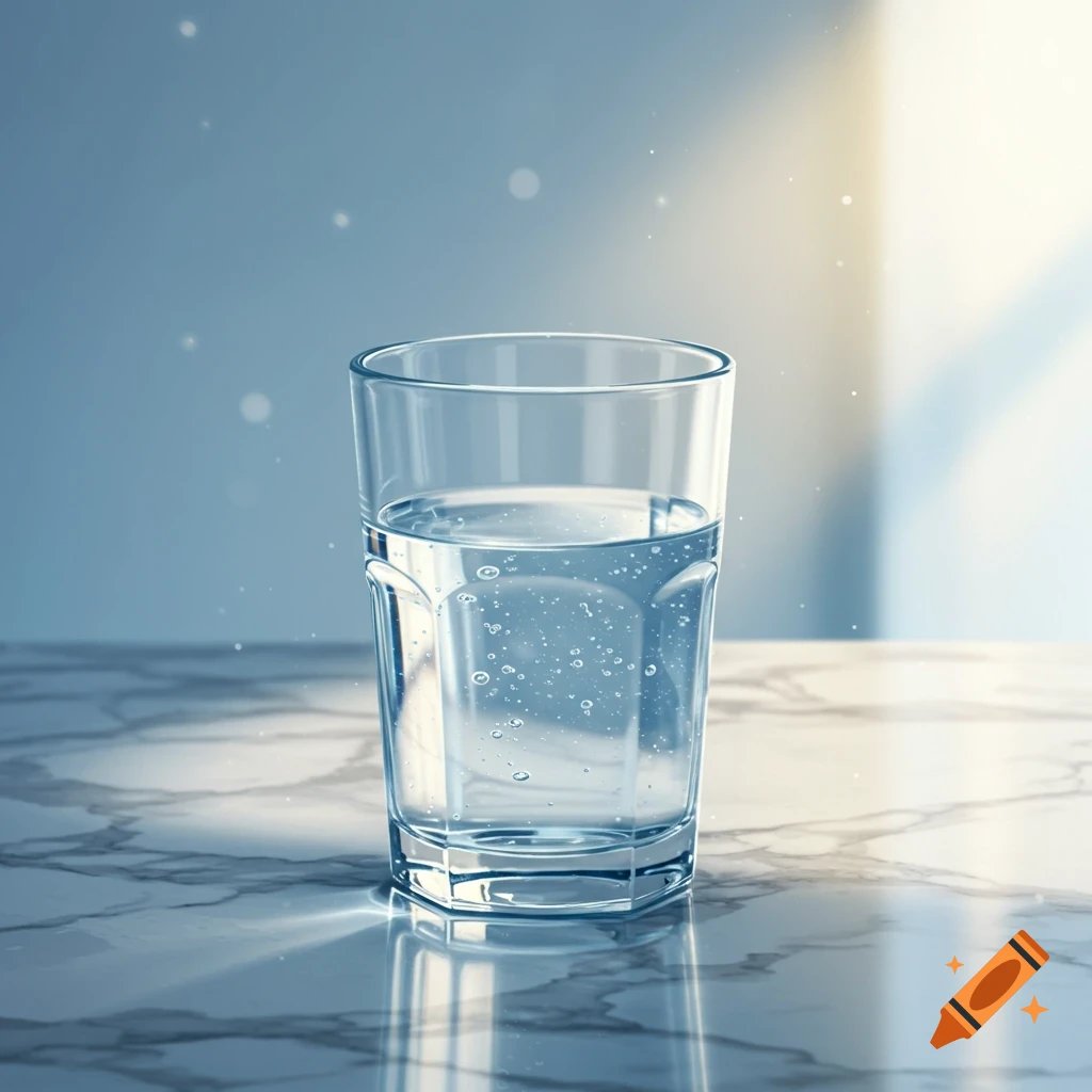 A clear glass filled with water sits on a white marble surface with light reflections and subtle bubbles.