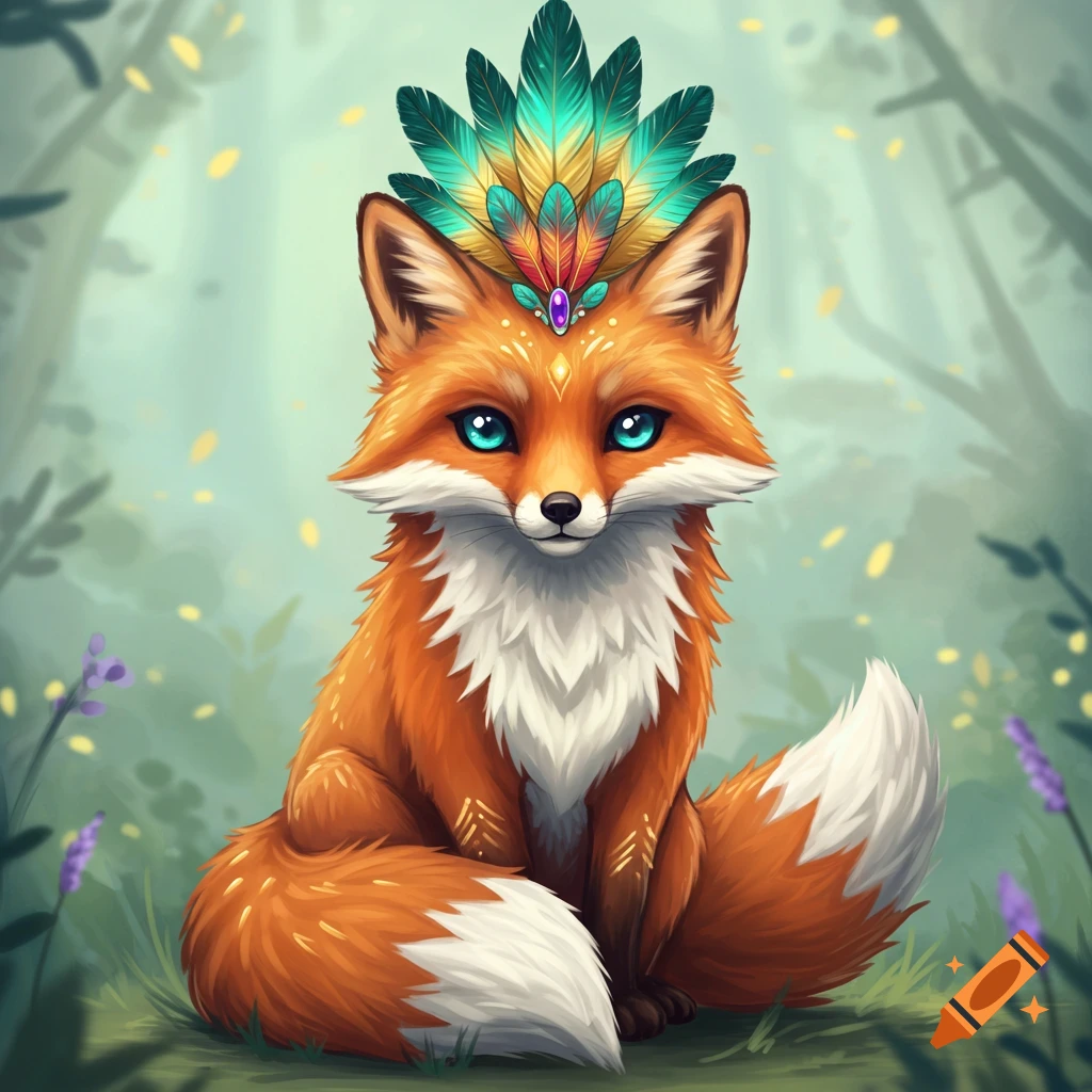A cute fantasy fox with a colorful feather headdress sits in a whimsical forest.
