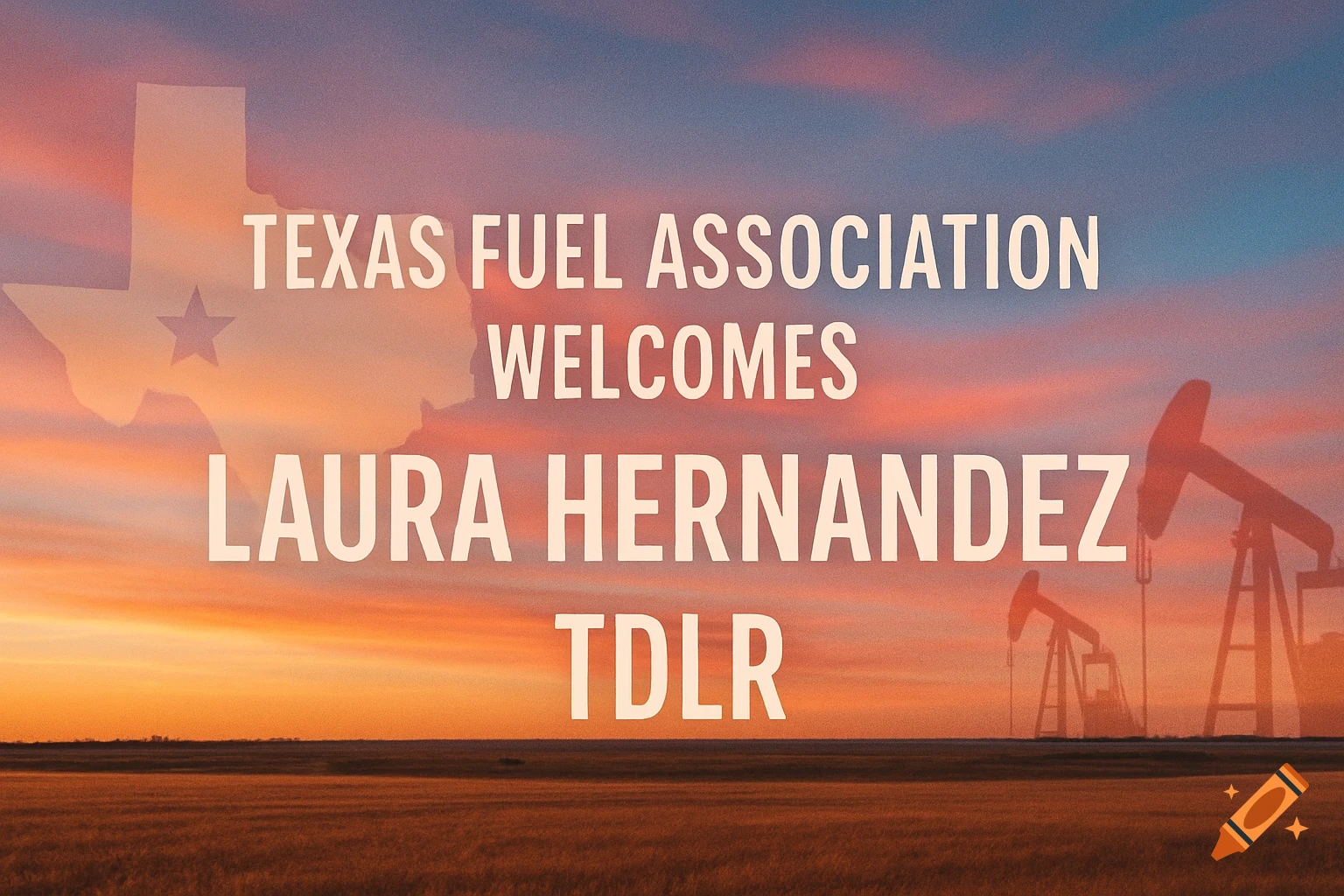 A sunset landscape with oil pumps, a Texas outline, and white text 'Texas Fuel Association welcomes Laura Hernandez TDLR'.