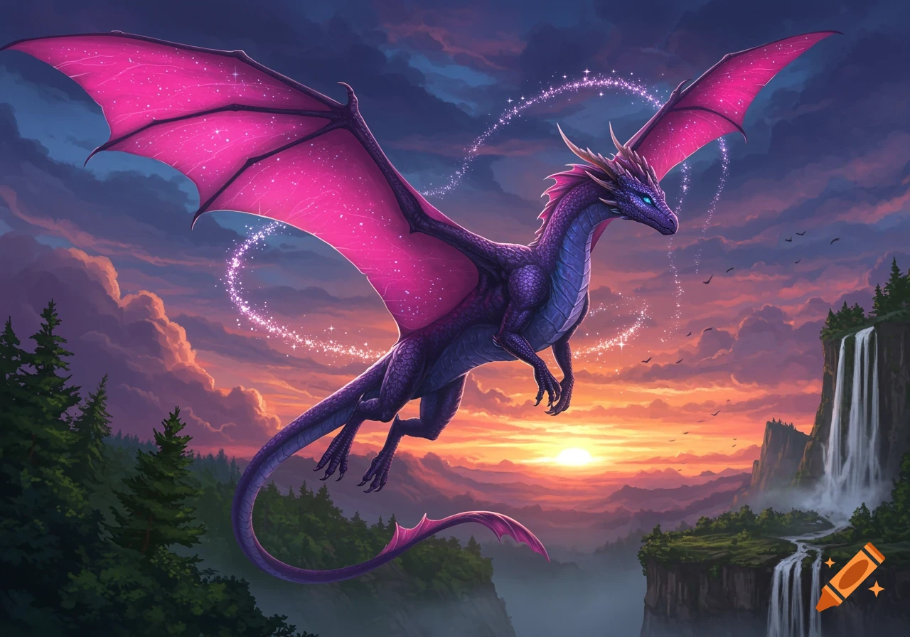 A vibrant purple dragon with large pink wings soars through a magical sunset sky above a mountainous landscape with waterfalls.