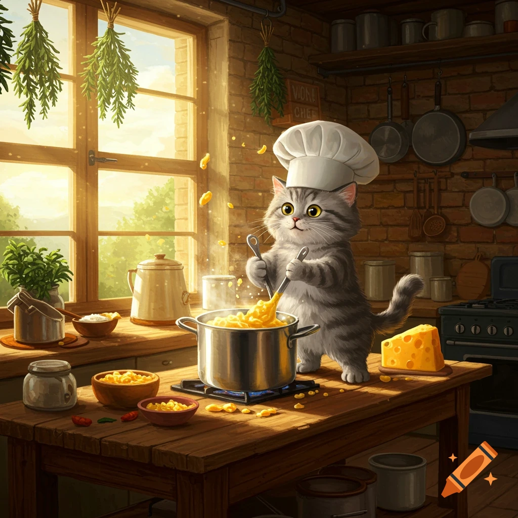 A cute cartoon cat wearing a chef's hat cooks macaroni and cheese in a cozy, sunlit kitchen.