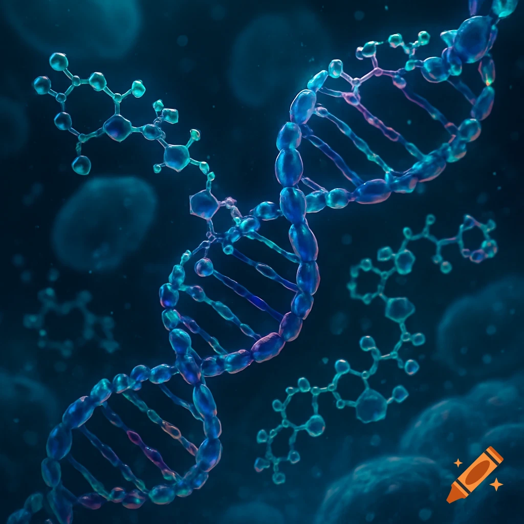 A vibrant blue and purple DNA double helix surrounded by molecular structures against a dark, blurry background.
