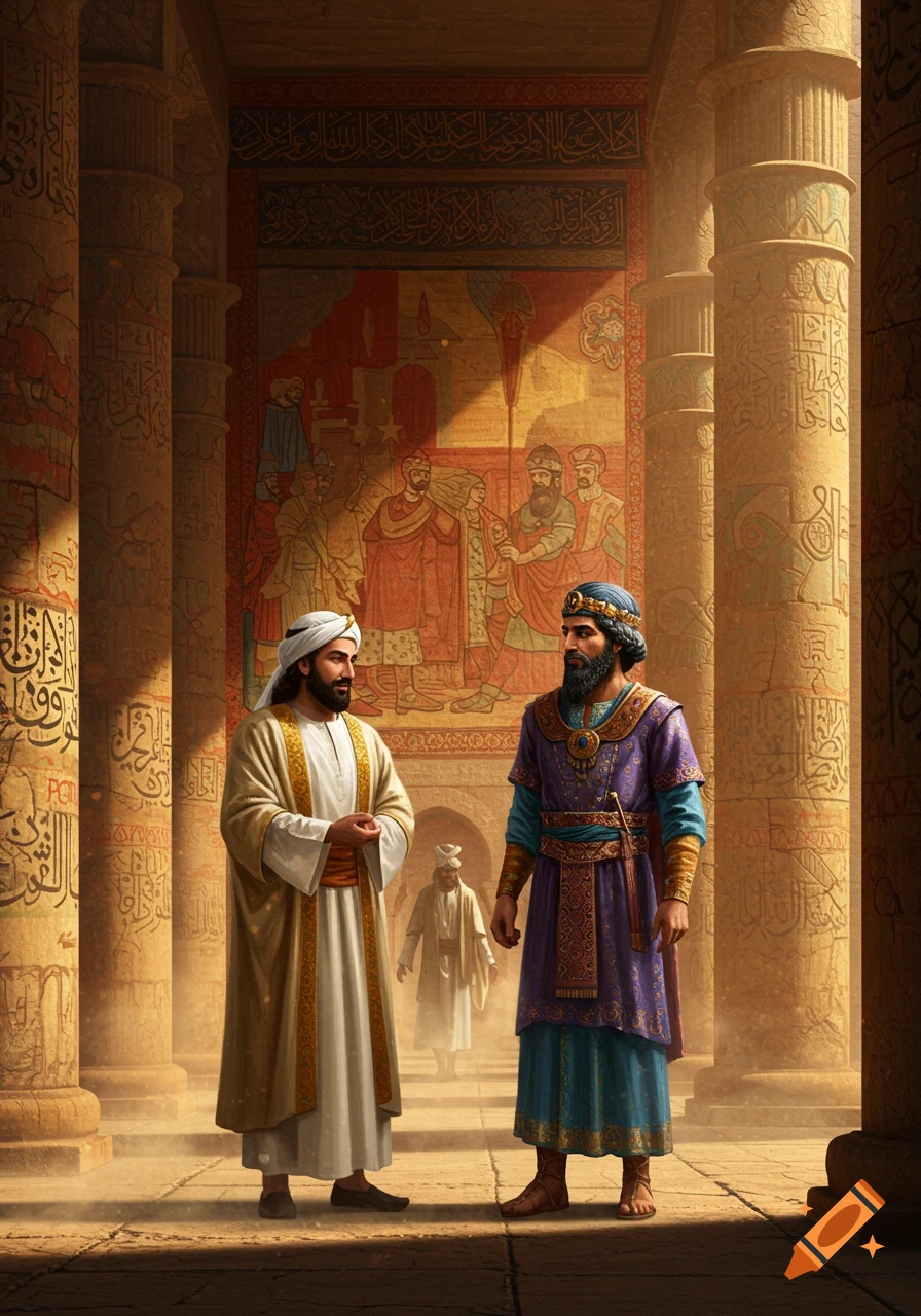 Two men in traditional robes stand in a grand hall with ornate pillars and ancient murals.