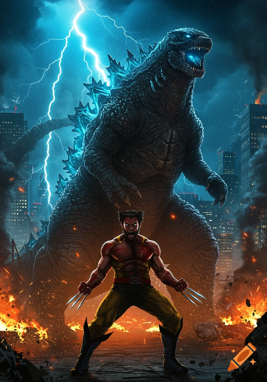 Wolverine faces a roaring Godzilla in a destroyed city under a stormy, lightning-filled sky.