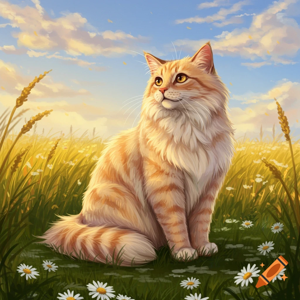 A fluffy ginger cat with hazel eyes sits in a field of green and yellow grass with daisies under a blue sky at sunset.