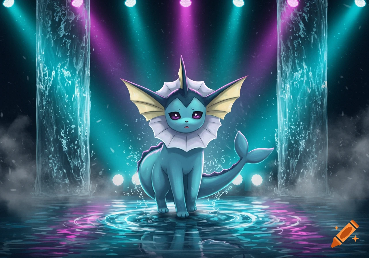 A sad Vaporeon stands in water on a stage, illuminated by pink and teal spotlights and surrounded by water pillars.