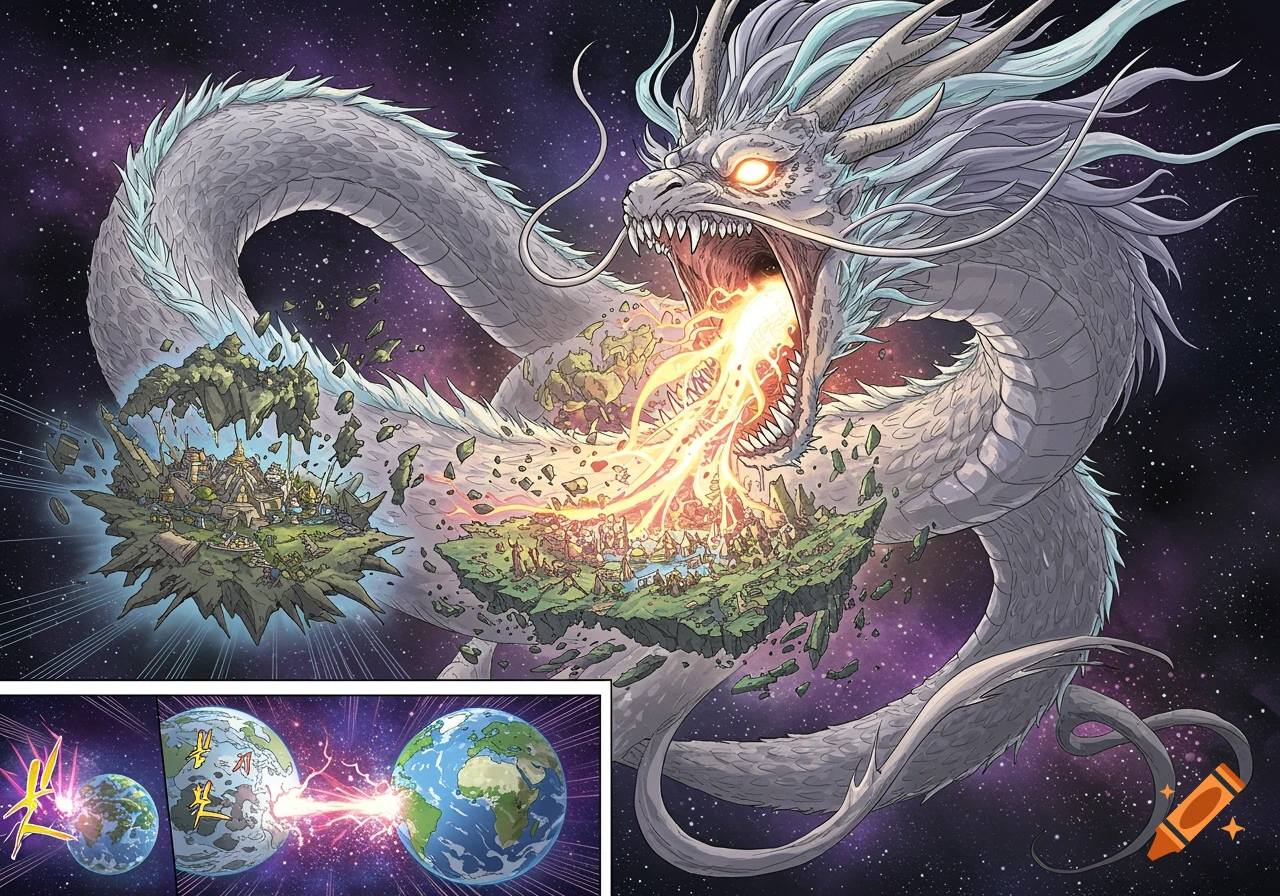 A giant white manga-style dragon breathes fire, breaking apart floating islands in space, with a panel showing planets splitting.
