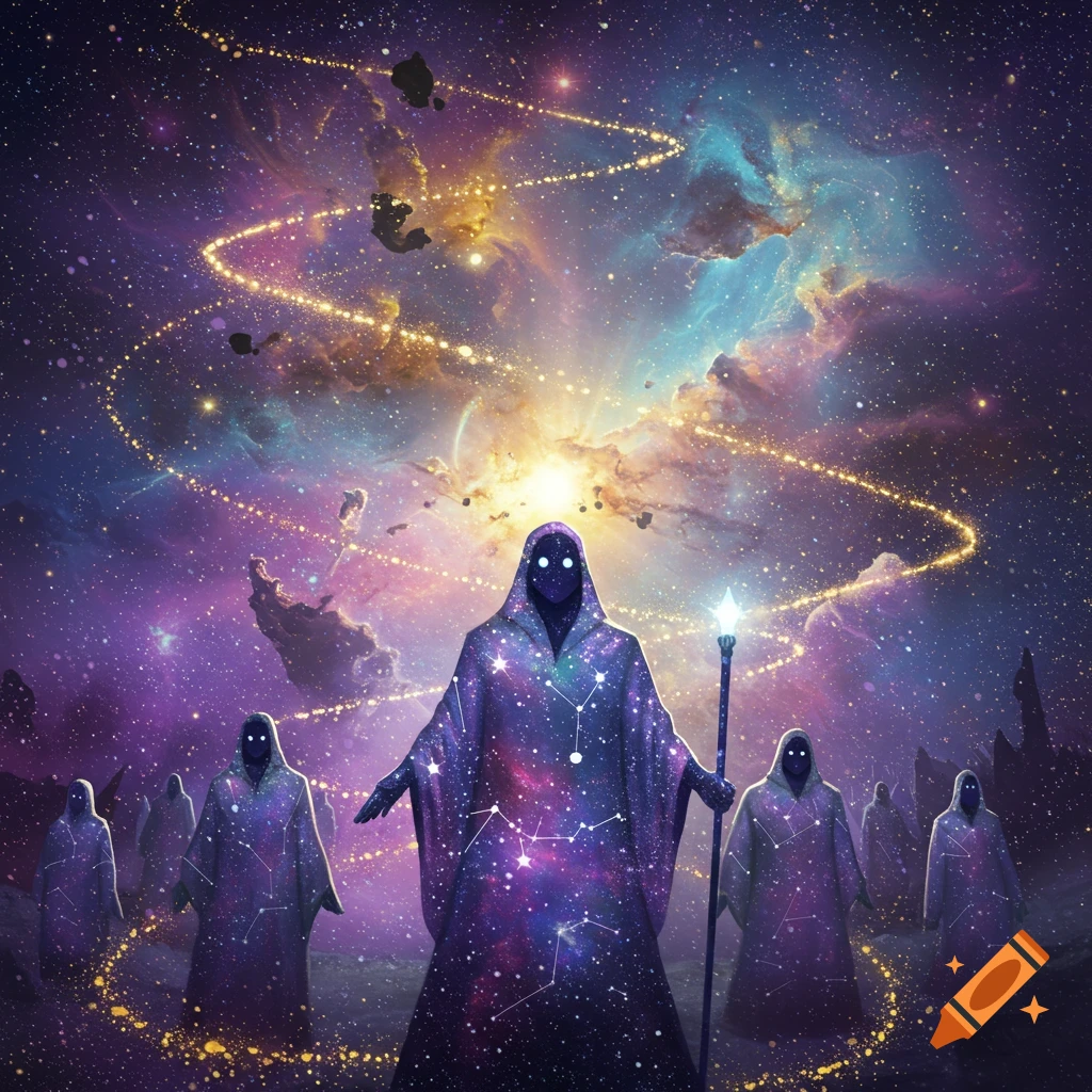 Mysterious cloaked figures with glowing eyes in a vibrant cosmic nebula with swirling stars and golden light.