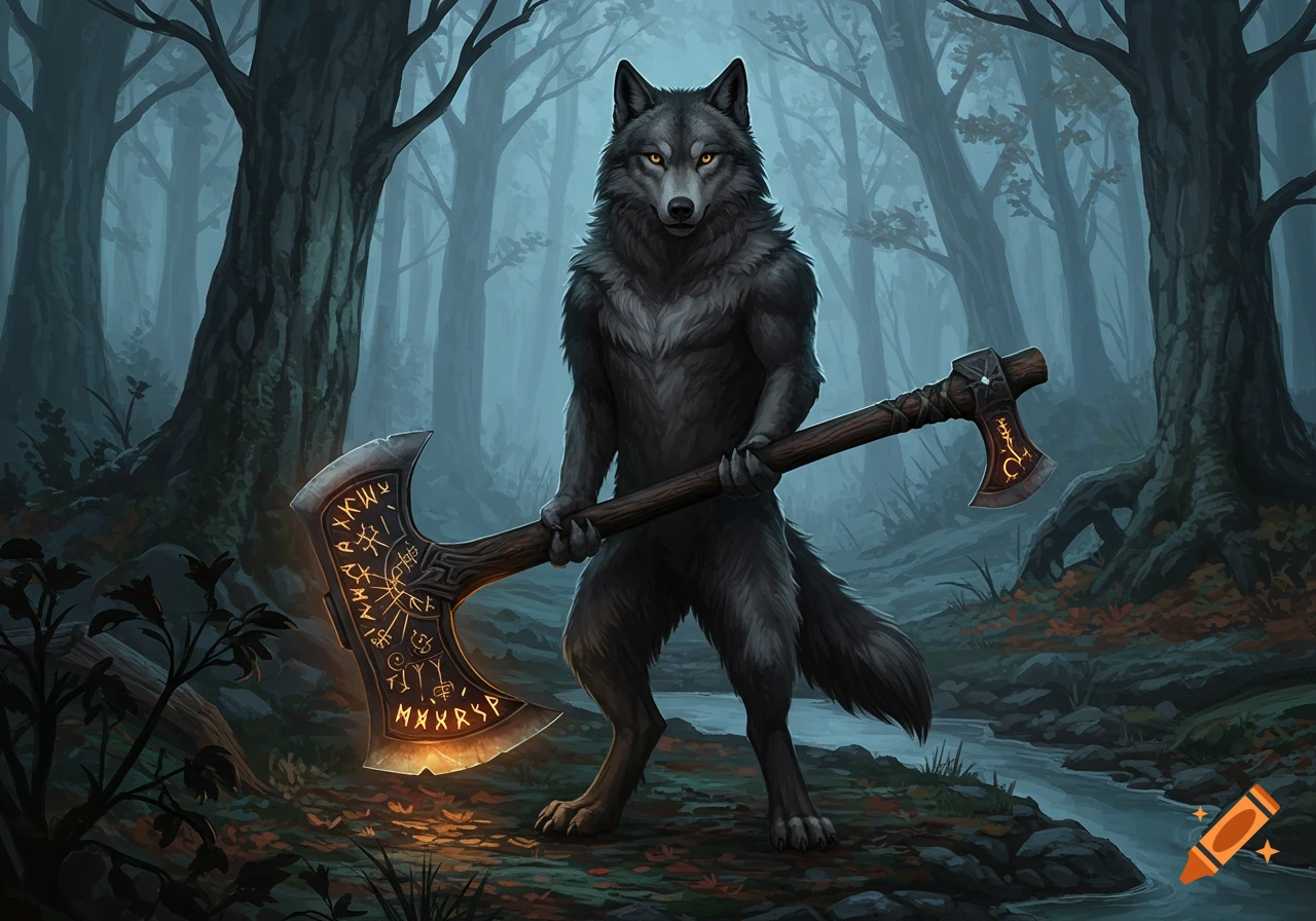 A powerful bipedal wolf creature with glowing yellow eyes stands in a misty forest, holding a large axe with glowing runes.