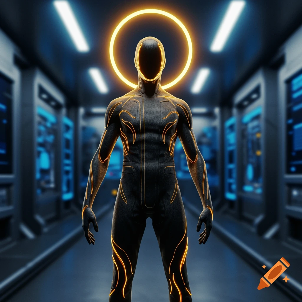 A faceless humanoid figure in a black suit with glowing orange lines stands in a futuristic blue-lit corridor, with a glowing ring around its head.