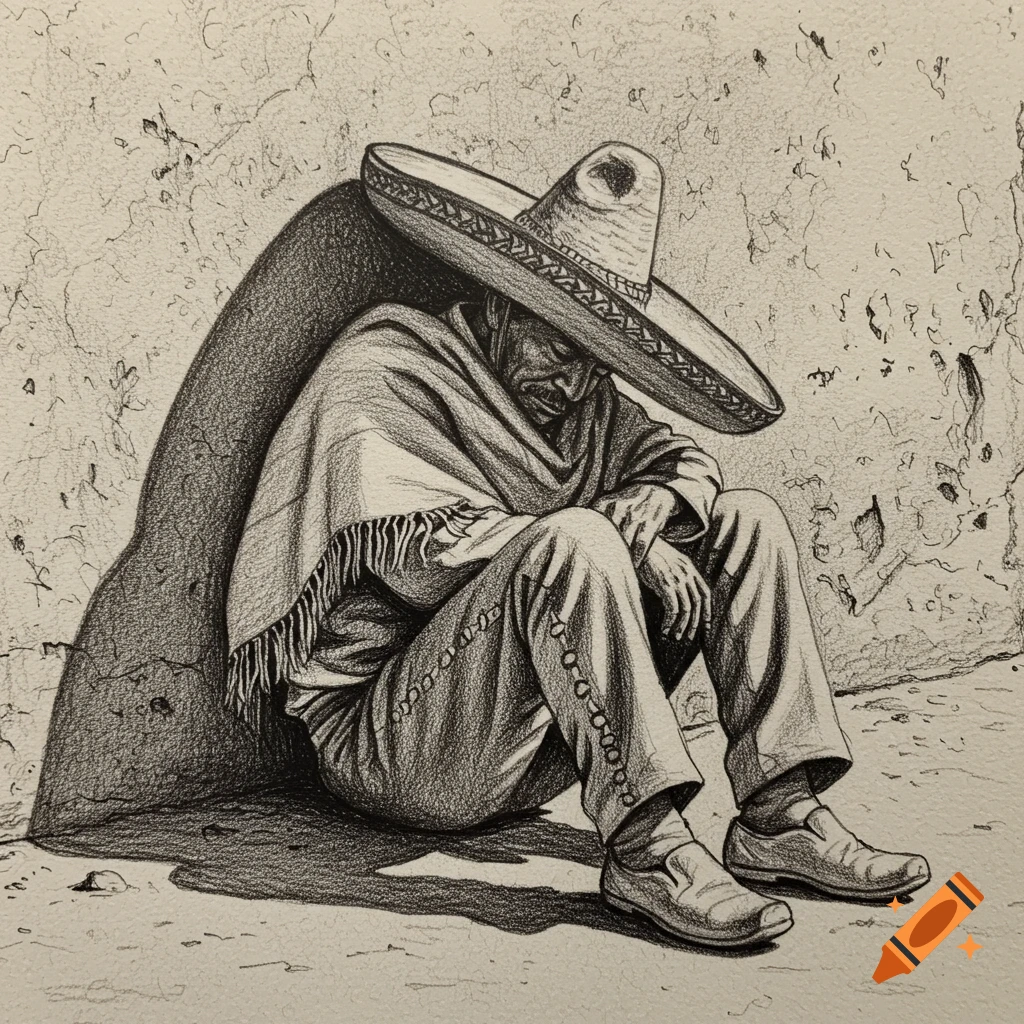 A charcoal sketch of a man wearing a sombrero and poncho, sleeping while sitting against a wall.