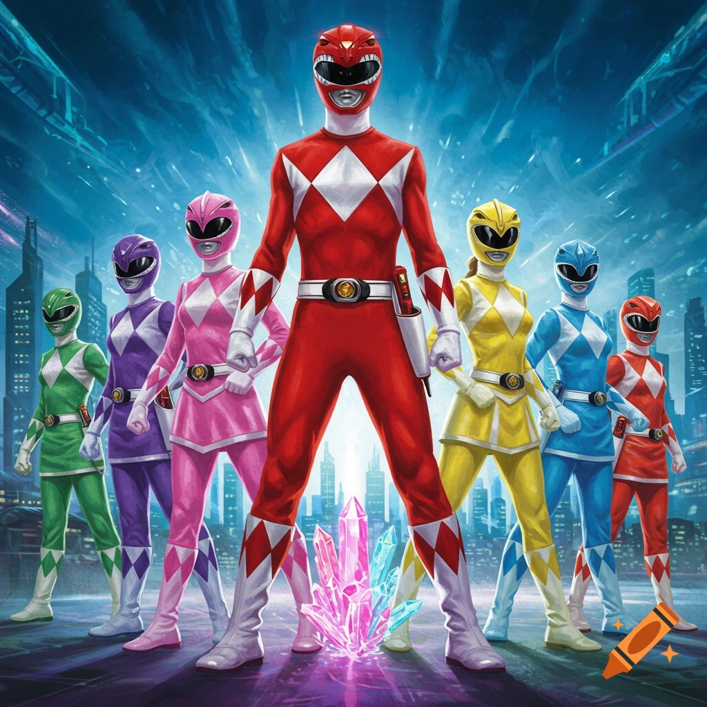 Seven Power Rangers in their iconic colorful suits, including red, green, purple, pink, yellow, blue, and orange, standing in front of a futuristic cityscape with glowing crystals at their feet.