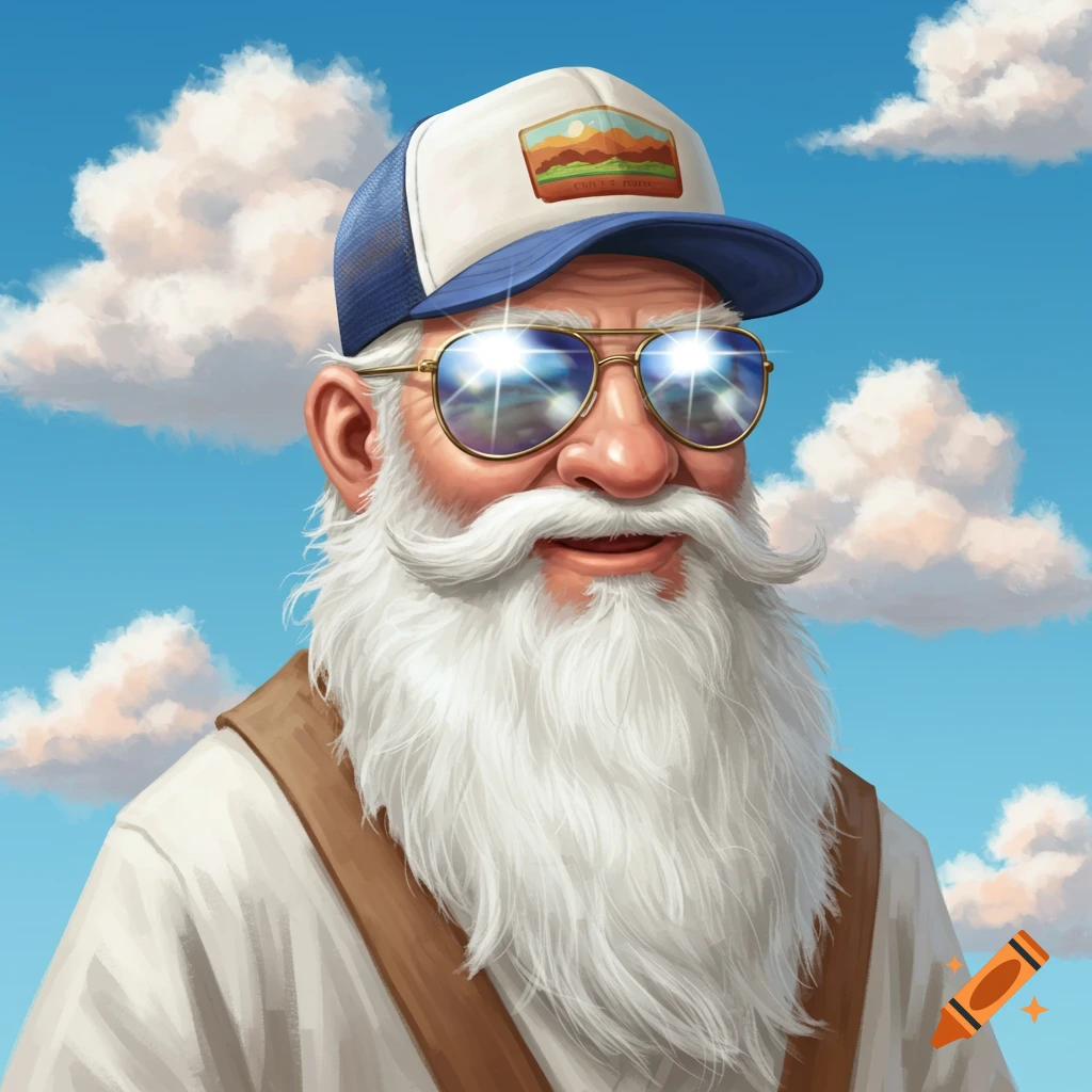 A digital art portrait of an older man with a long white beard, wearing a blue and white trucker cap and reflective aviator sunglasses, against a blue sky with clouds.