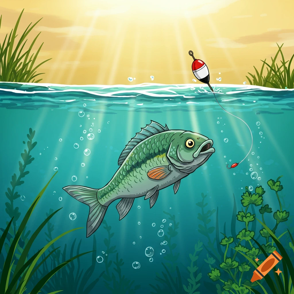 Cartoon illustration of a green fish swimming underwater, looking up at a red and white fishing bobber and hook on the surface.