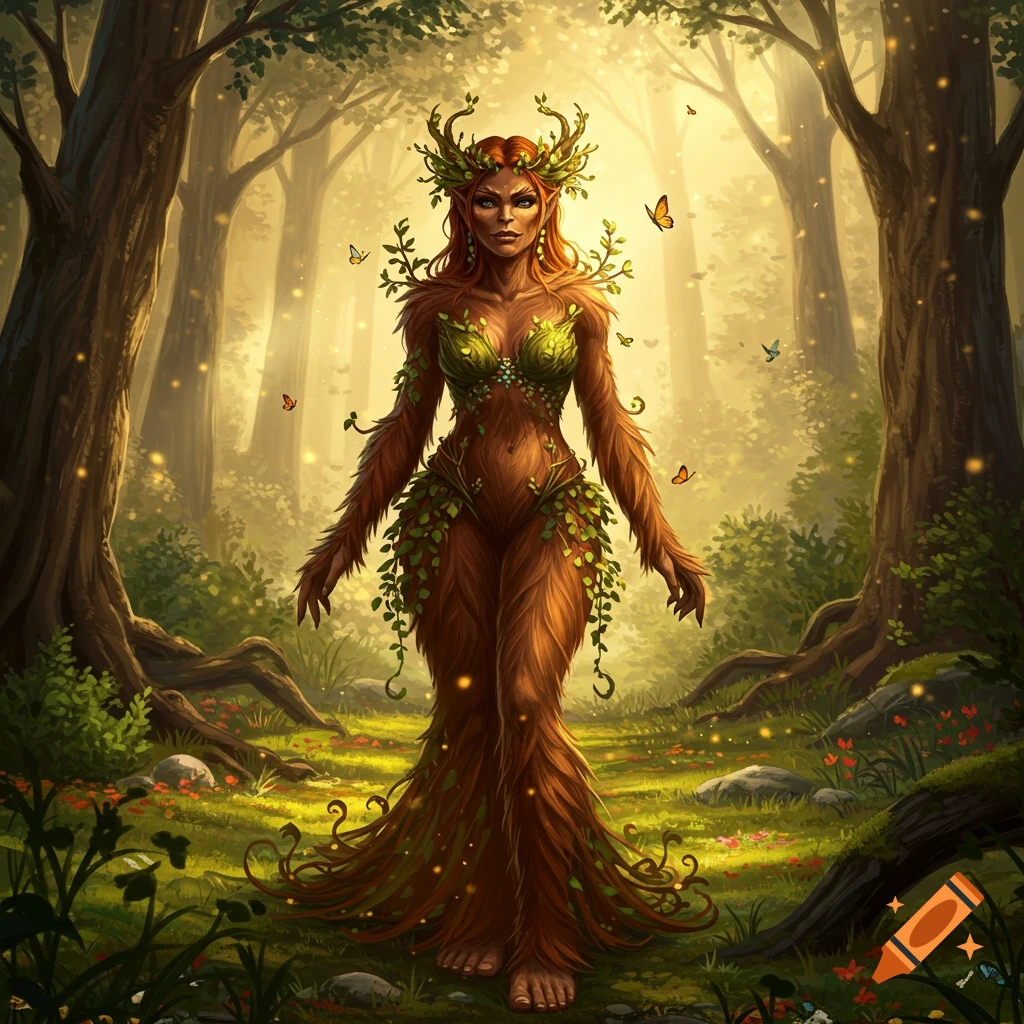 A humanoid forest spirit, covered in fur and leaves, stands in a brightly lit, ethereal forest.