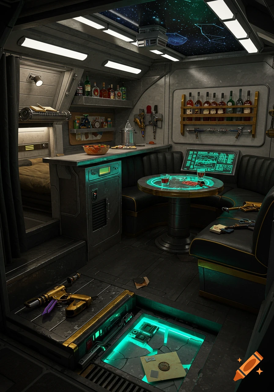 A detailed sci-fi spaceship interior with a bar, lounge, bunk, and glowing floor panel, illuminated by neon lights.