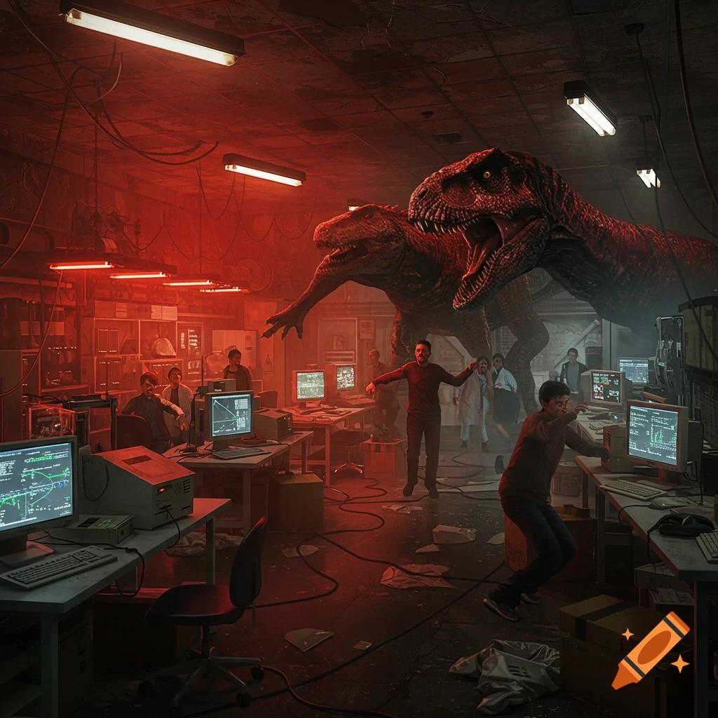Two large dinosaurs, one roaring, burst into a red-lit abandoned lab, causing scientists to panic and flee from their old computers. Photorealistic style.