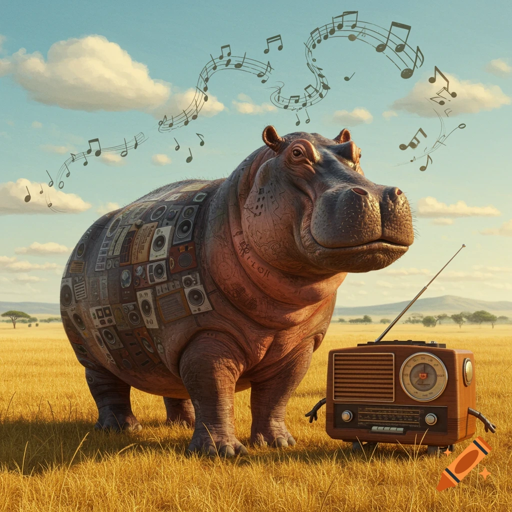 A large hippo covered in speakers and boomboxes stands in a golden savanna, with musical notes floating around its head, next to an anthropomorphic vintage radio.
