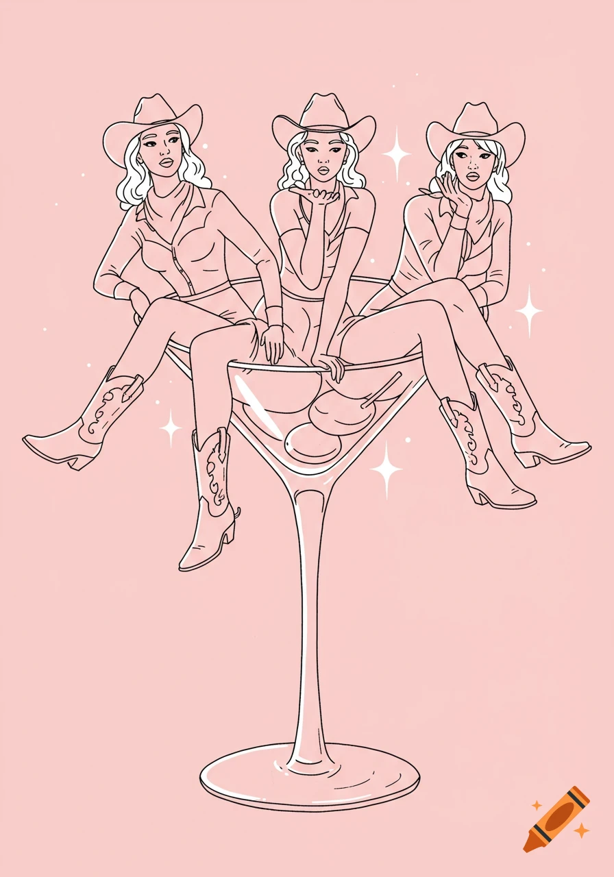 Line drawing of three cowgirls in hats and boots sitting in a martini glass on a pink background, with one blowing a kiss.