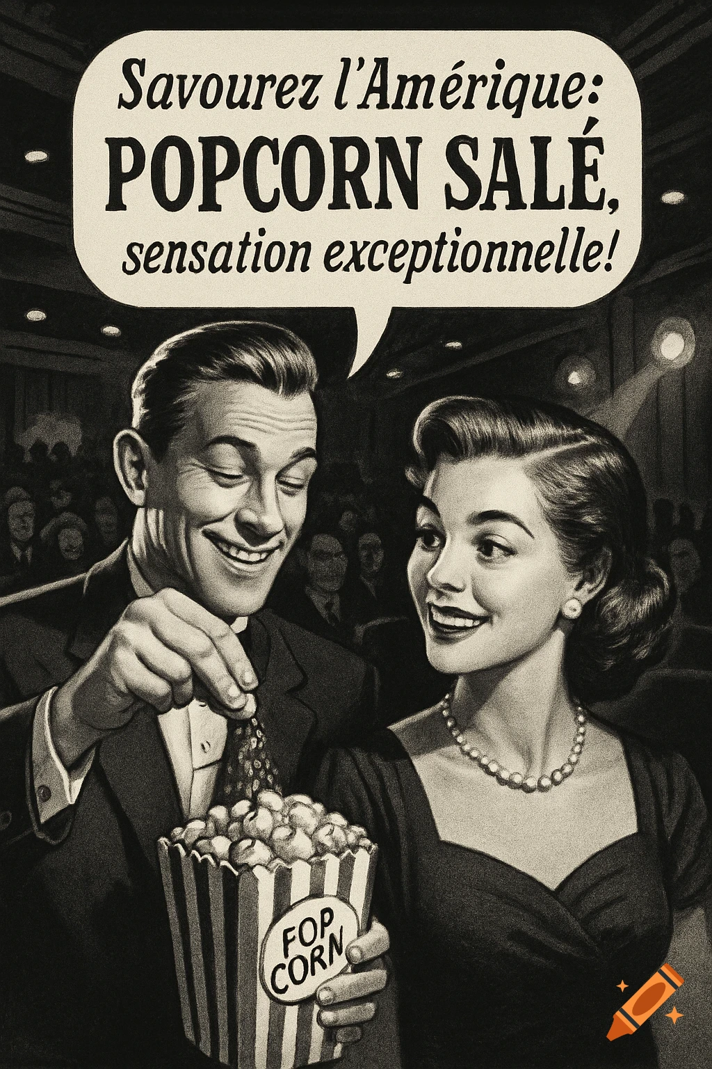 A smiling man and woman in an old-fashioned black and white ad share popcorn in a movie theater. A speech bubble above them reads, "Savourez l'Amérique: POPCORN SALÉ, sensation exceptionnelle!" The popcorn box says "FOP CORN."