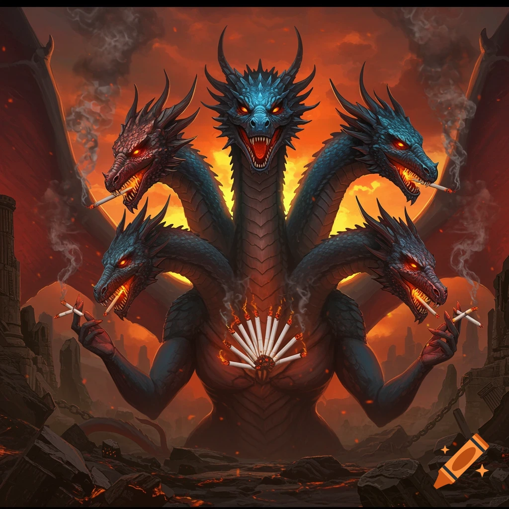 A multi-headed dragon-like creature, possibly Tiamat, with glowing red eyes, holding and smoking cigarettes in a fiery, ruinous landscape.
