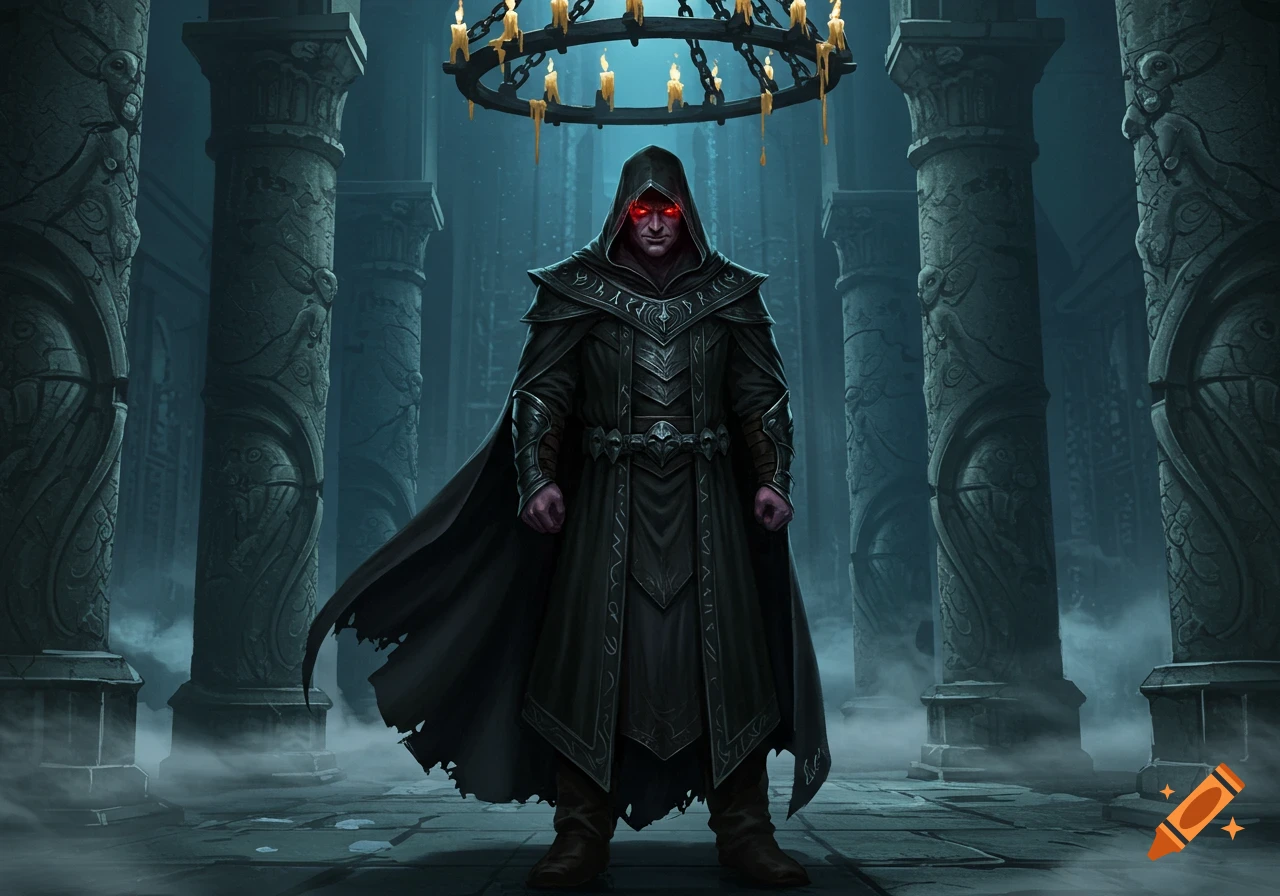 A dark fantasy illustration of a robed man with glowing red eyes in a ruined hall.