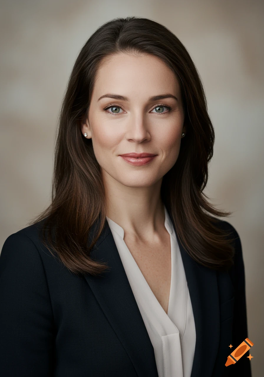Professional headshot of a woman with dark brown hair and green eyes, wearing a dark suit and white blouse, smiling slightly.