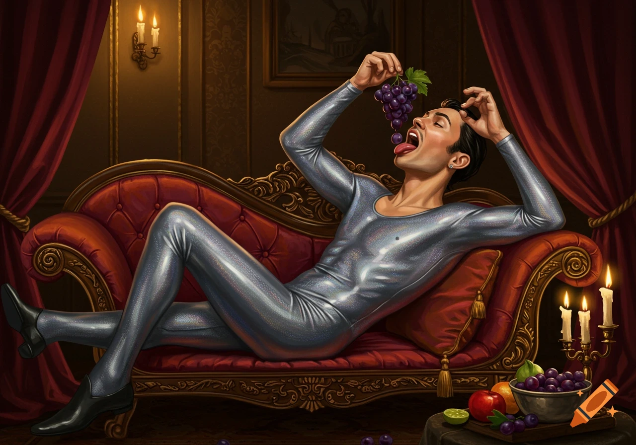An illustration of a man in a shimmering silver unitard reclining on a red velvet chaise lounge, eating grapes.