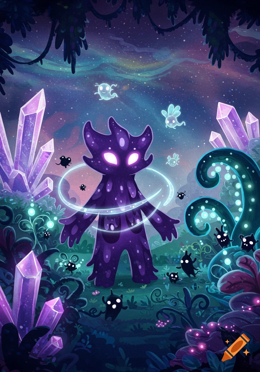 A stylized dark purple monster with glowing eyes stands among purple crystals and small creatures in a vibrant, mystical alien landscape.