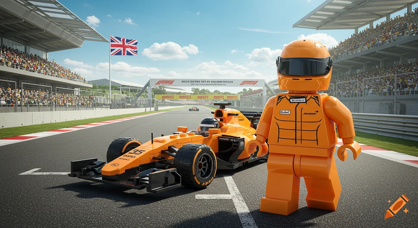 A Lego Formula 1 driver stands next to an orange McLaren F1 car on a race track with spectators and a British flag.