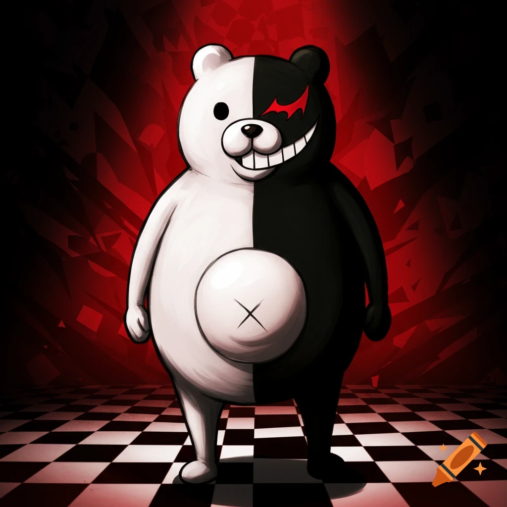 Monokuma, a black and white teddy bear character with a menacing smile and red eye, stands on a checkered floor against a red background.