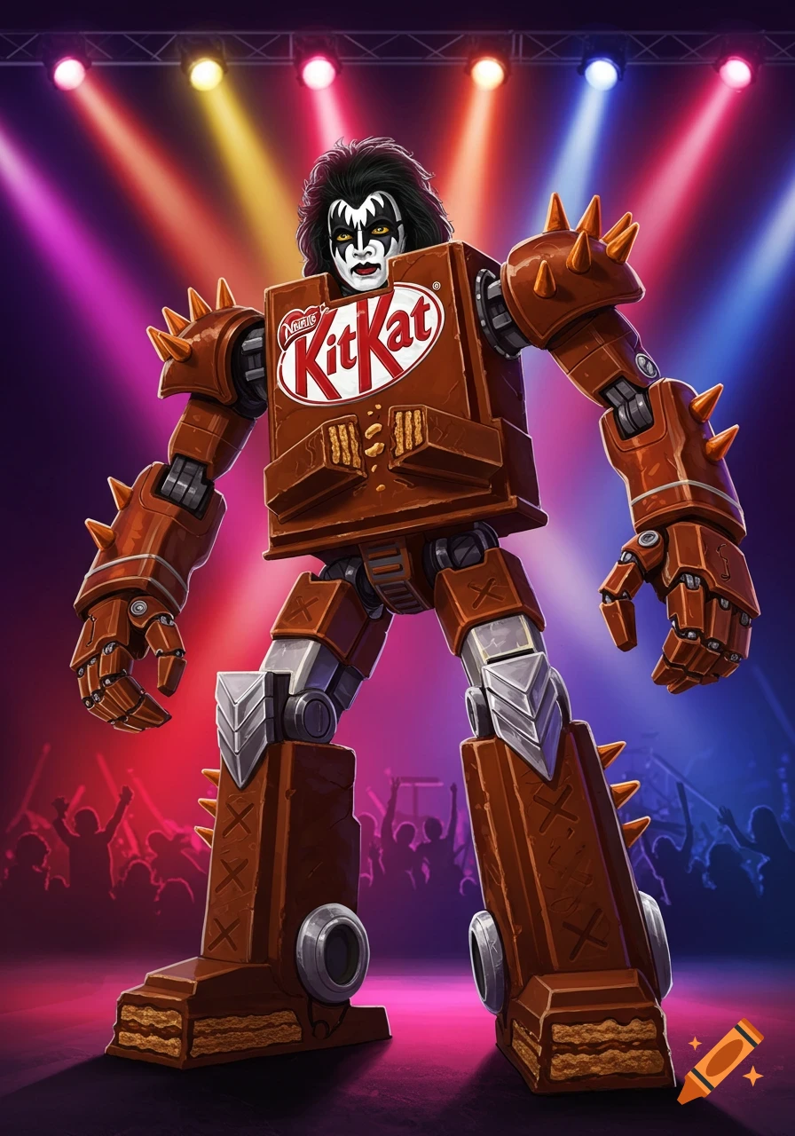 A cartoon battlebot with a Gene Simmons-like head, a Kit Kat bar for a body, and chocolate-themed armor stands on a stage with colorful spotlights.