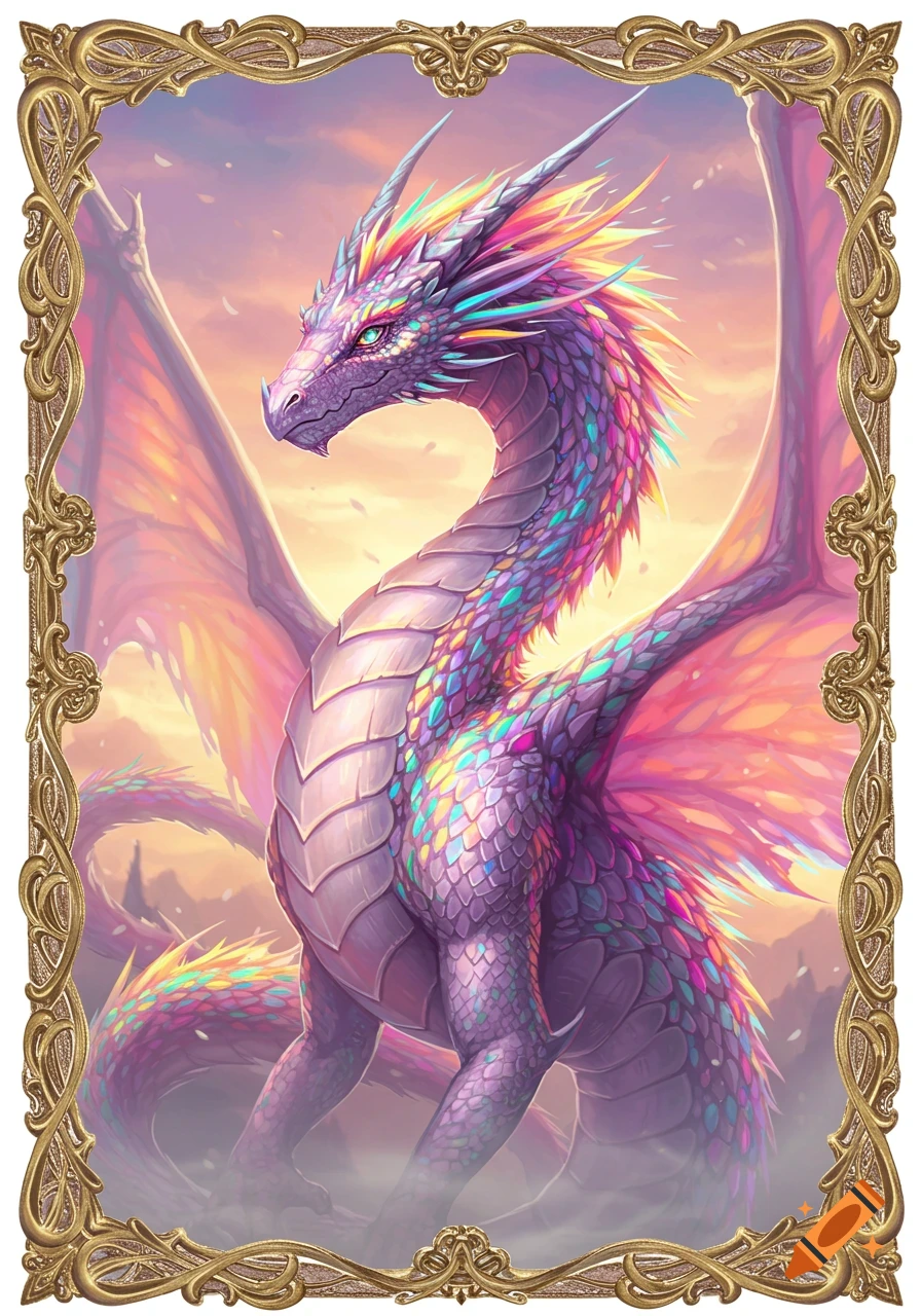 A vibrant rainbow dragon with iridescent scales and large wings, framed by an ornate golden border, set against a soft, colorful sky.