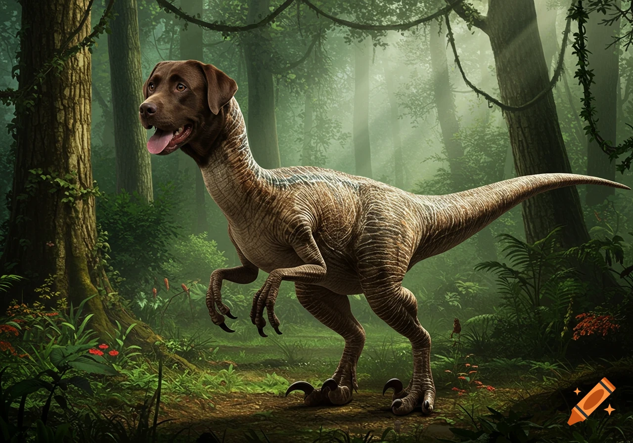 A photorealistic velociraptor with a chocolate labrador dog's head stands in a lush, misty jungle.