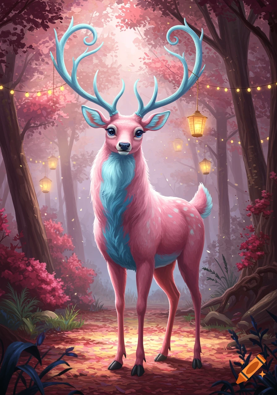 A vibrant pink and blue deer with elaborate blue antlers stands in a mystical, illuminated forest with pink foliage and glowing lanterns.